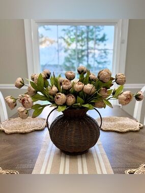 Viral Tan Peonies by Ashland Floral Arrangement in a Dark Brown Basket.